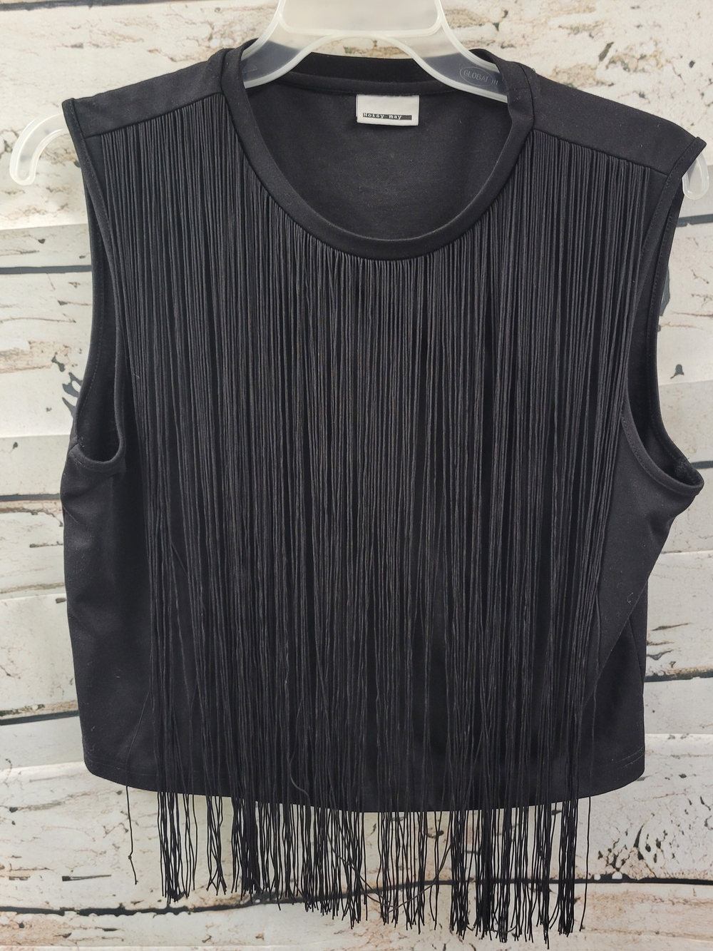Noisy May Black Fringe Sleeveless Top Size L Boho Western Festival Statement